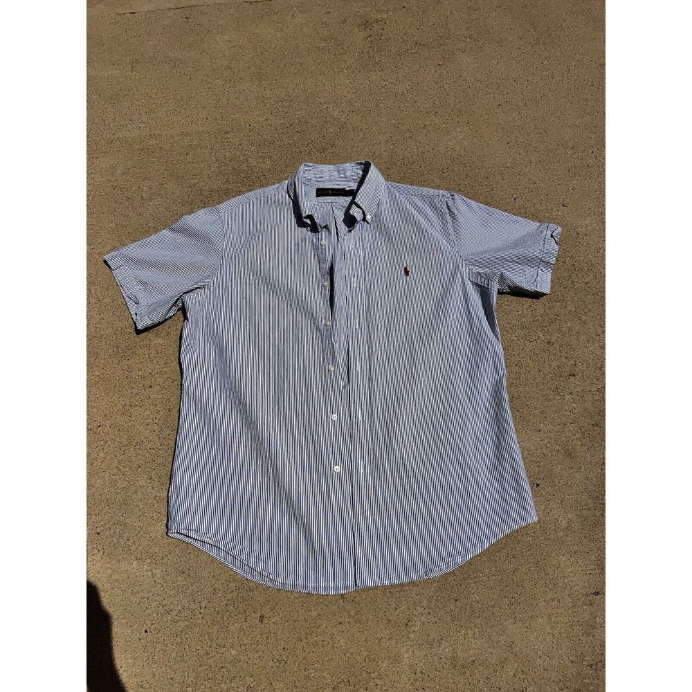Ralph Lauren Polo Seersucker Shirt Men L Large Button-Down Blue White Striped